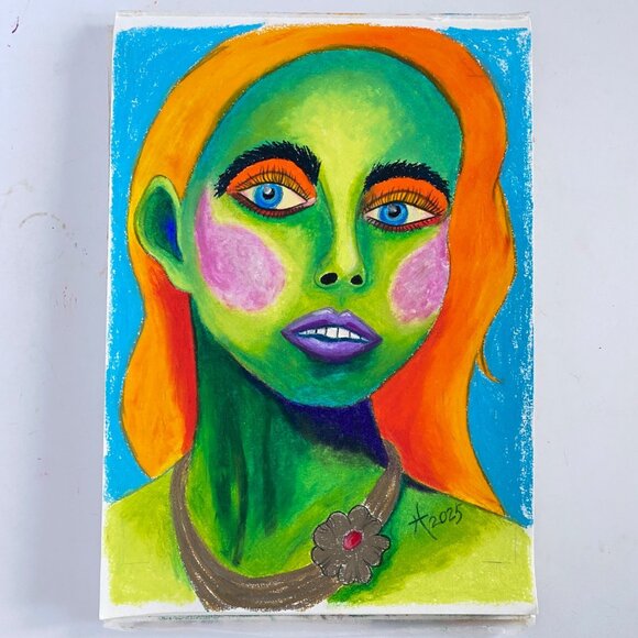 Green Girl with Flower Necklace Original Oil Pastel Painting 11x14in Matted - Picture 4 of 8